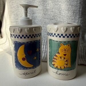 Favorite Things Ceramic Soap Dispenser Toothbrush Holder Set Cat Moon Sunflower